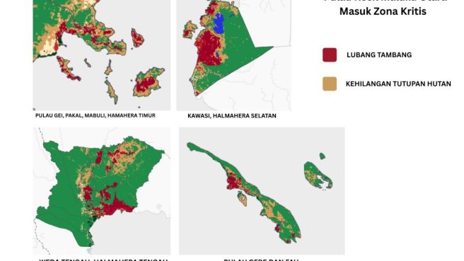 Sebaran lubang tambang dan kehilangan tutupan hutan di sejumlah pulau kecil dan kawasan tambang nikel di Maluku Utara. Sumber: JPIK dan MAPBIOMAS. (Istimewa)